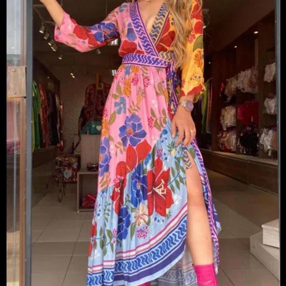 FARM Rio Vibrant Floral Wrap Maxi Dress in Pink, Blue, Red, Yellow